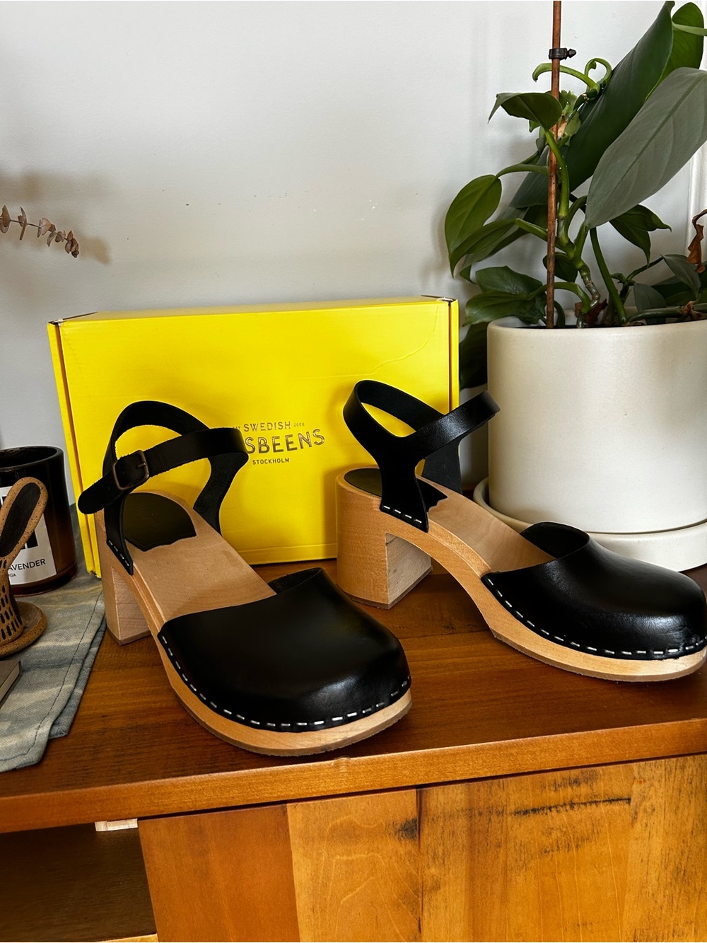 Swedish Hasbeens Ann-Sofi Slingback Clog Heels, black, size 40